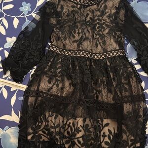 Ivy City Co Black Cocktail Dress with Long Bishop Sleeves and Crew Neck